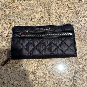 MZ Wallace Quilted Black Wallet with Silver Accents